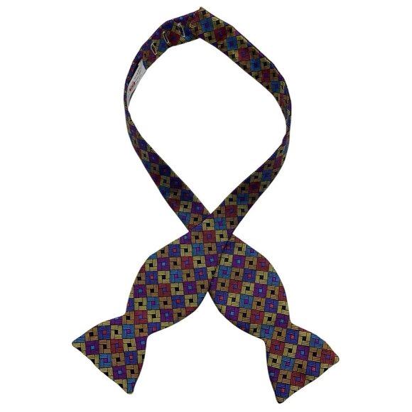 CARROT & GIBBS Men's 100% Silk LUXURY Self Bow Tie Blue Gold Geometric W:2.7" - Picture 1 of 4